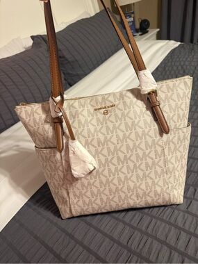 NWOT Michael Kors Cream Logo Tote with Tan Leather Straps